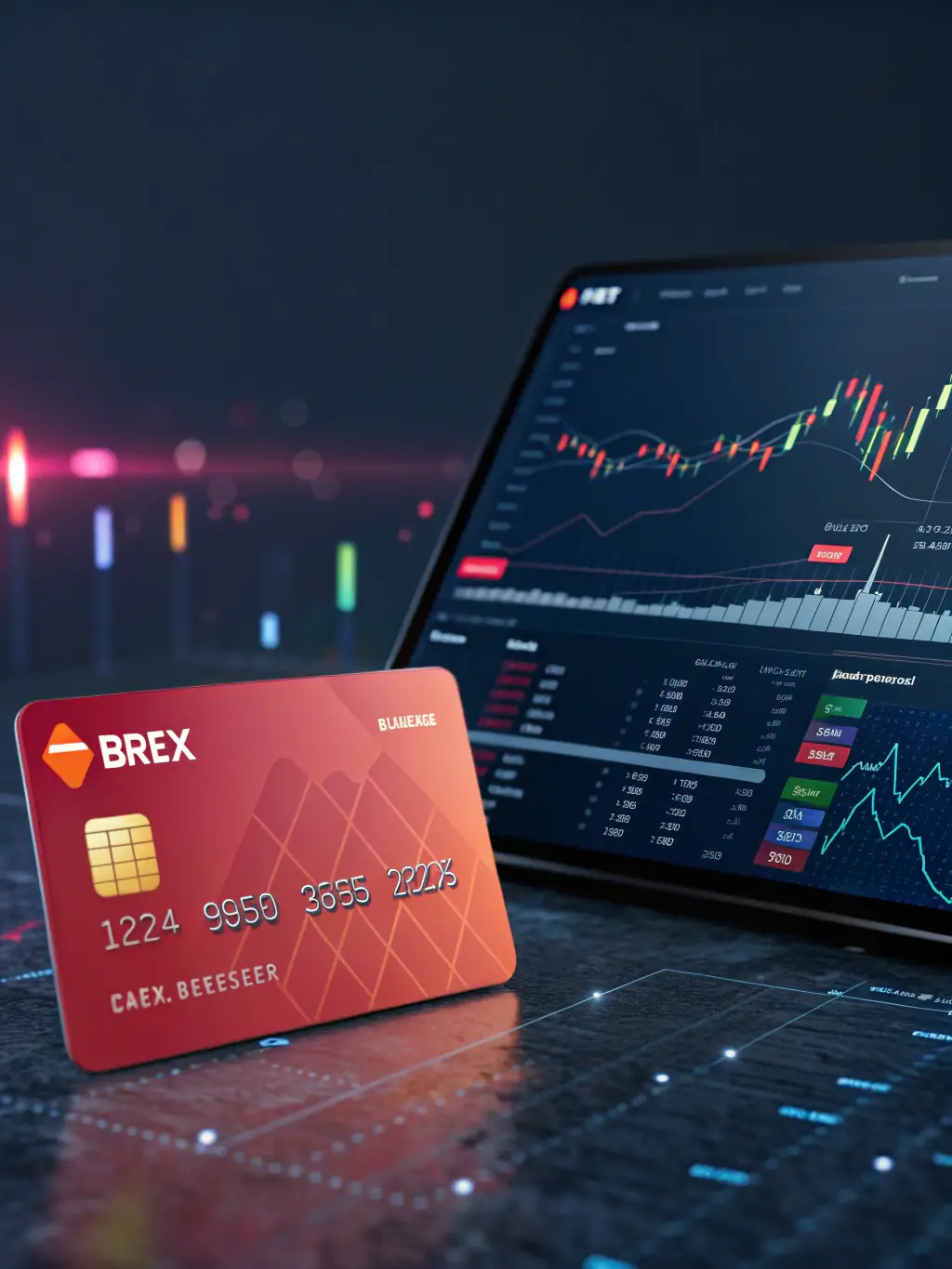 An eye-catching image of a Brex card, emphasizing its rewards program and features tailored for tech companies, displayed with a tablet showing financial data.