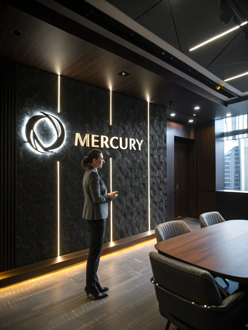 A professional, modern office space with the Mercury logo subtly displayed in the background, suggesting a forward-thinking financial institution.