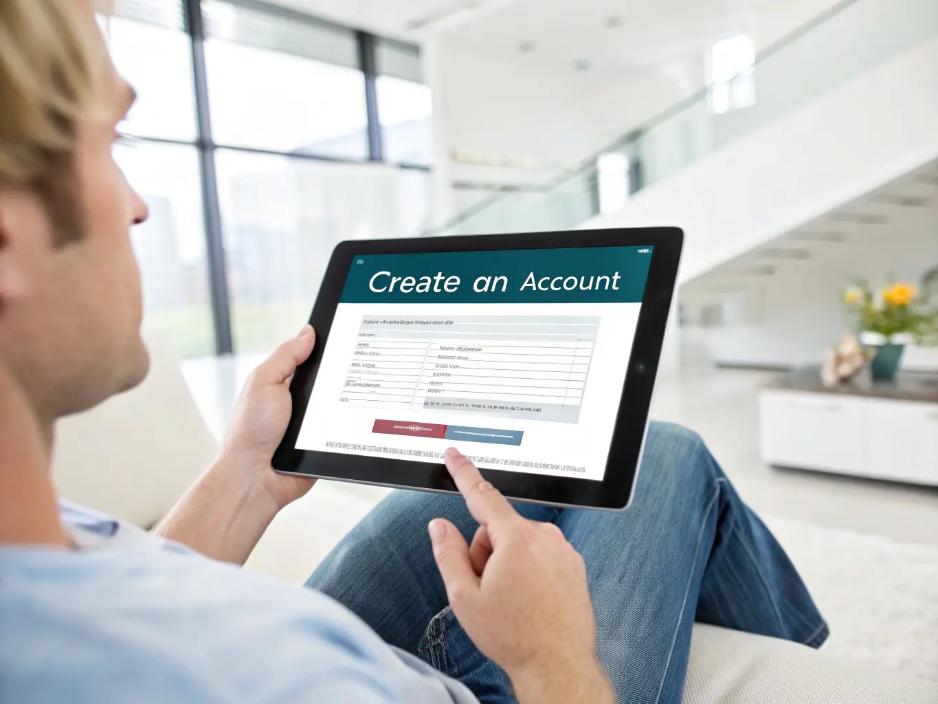 A person reviewing loan options on a tablet, with a Mercury logo subtly displayed in the background, representing accessible personal loans.