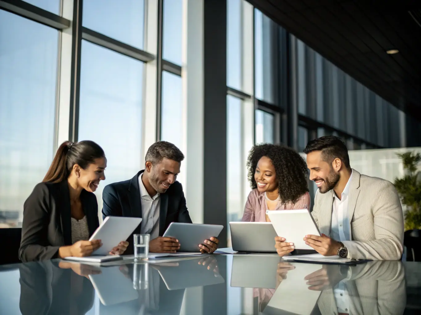 An image of a diverse team collaborating in a modern office, using tablets and laptops to manage expenses with Found's expense management tools.