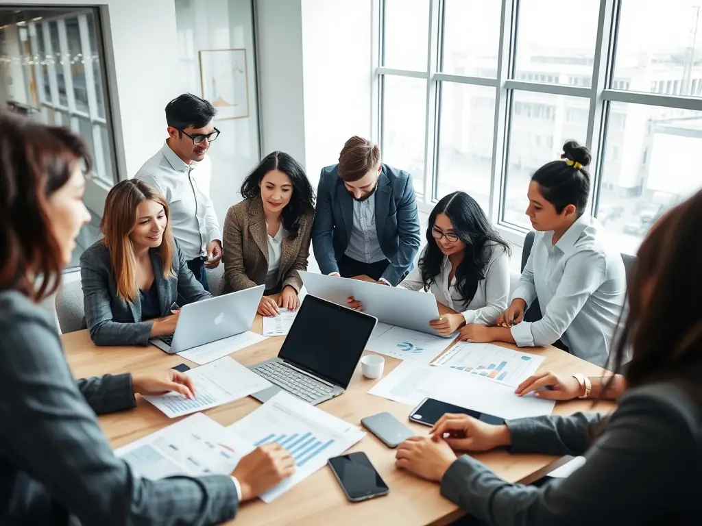 A team of professionals collaborating in a modern office, discussing financial strategies and leveraging Brex's financial tools for business growth.