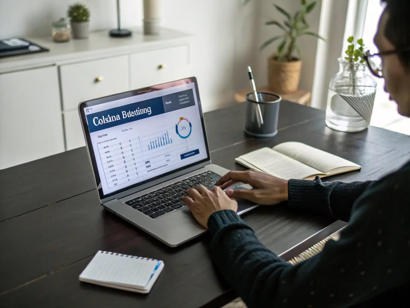 A professional workspace featuring a Ramp corporate card on a desk with a laptop displaying financial data, symbolizing Ramp's focus on business financial solutions.