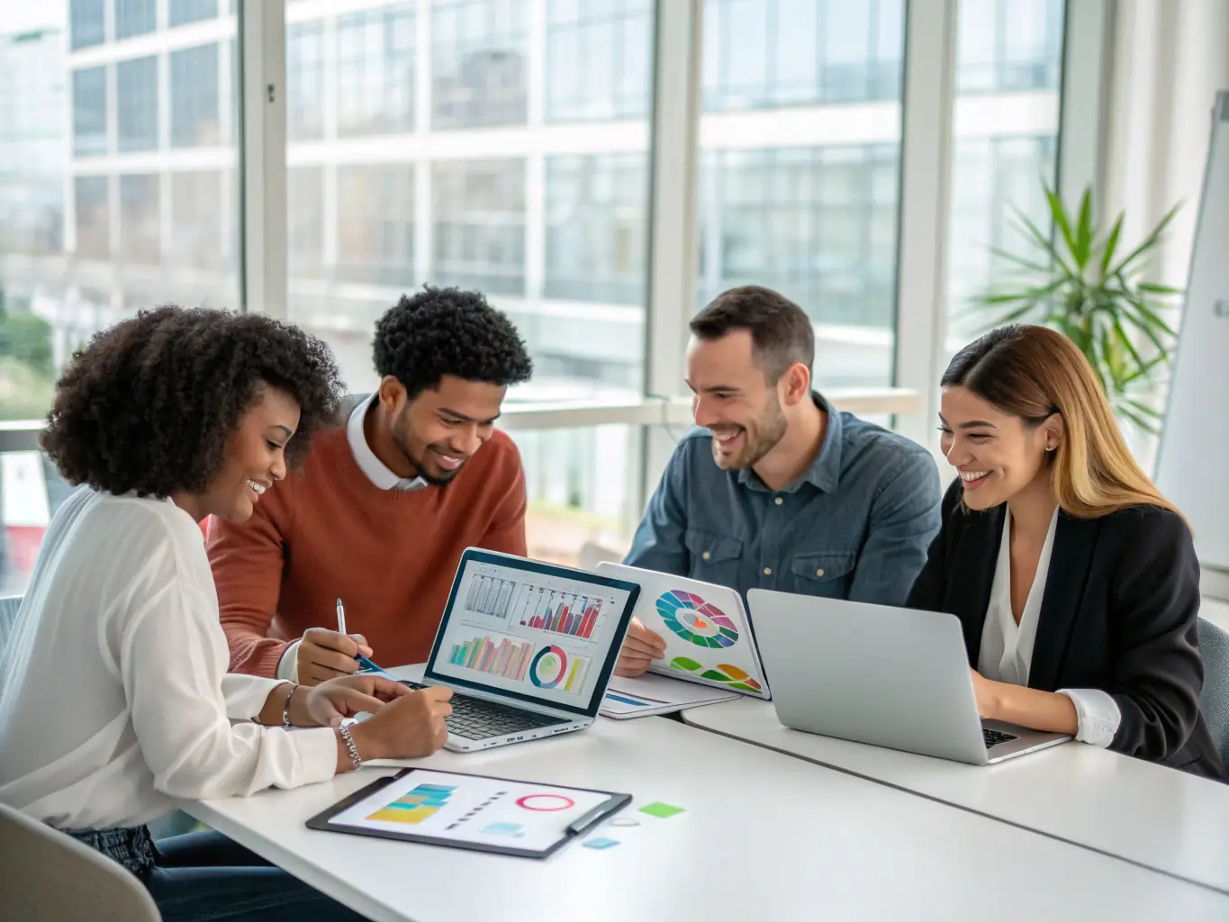 A diverse team collaborating in a modern office, using Mercury's financial tools to manage their business finances effectively.